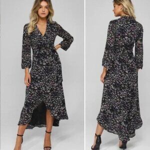 GANNI Ditsy Floral Georgette Wrap Dress Black Purple